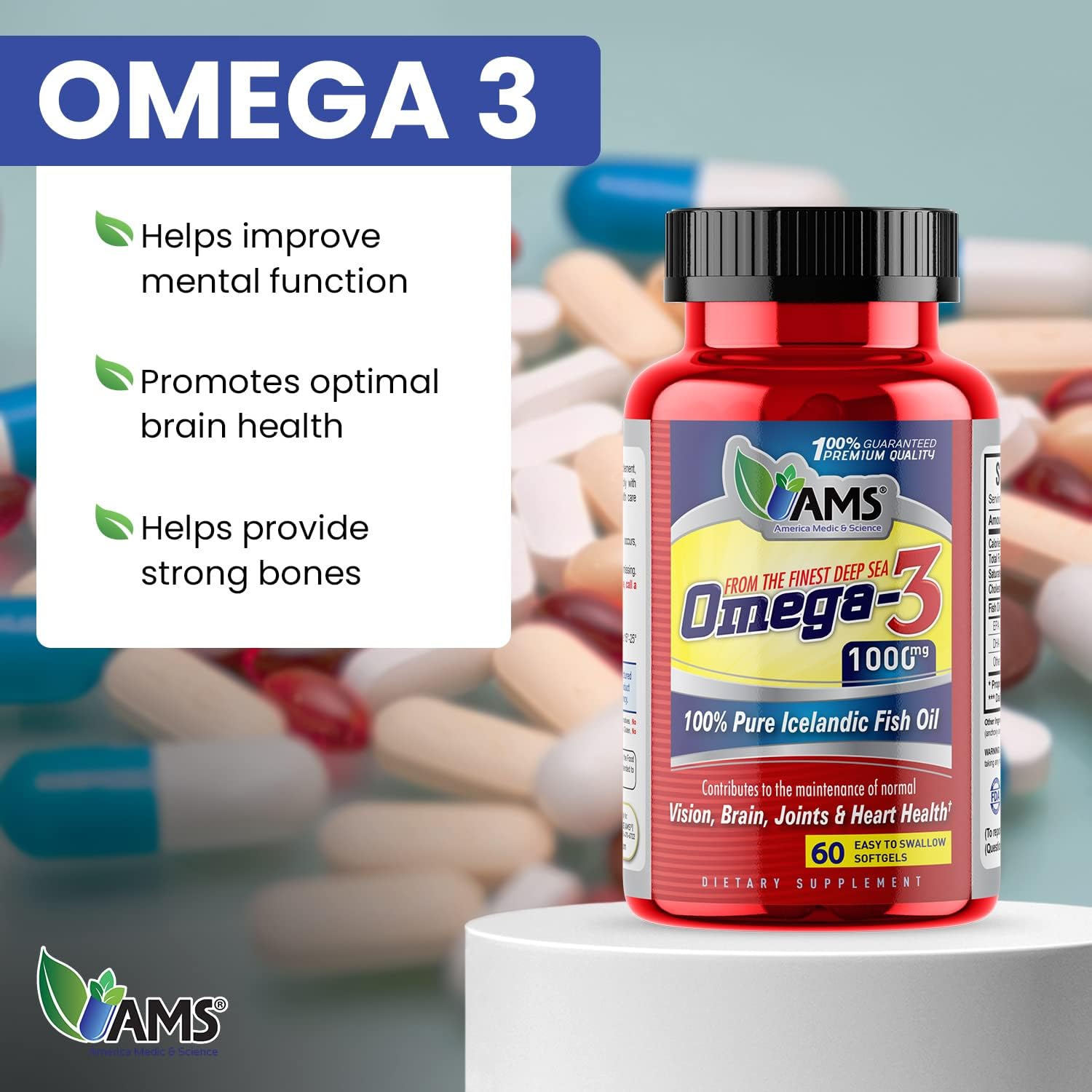 Omega-3 1000mg Dietary Supplement with EPA and DHA | Pure Icelandic Fish Oil Softgels for Vision, Brain, Joints, and Heart Health | Men and Women | America Medic & Science