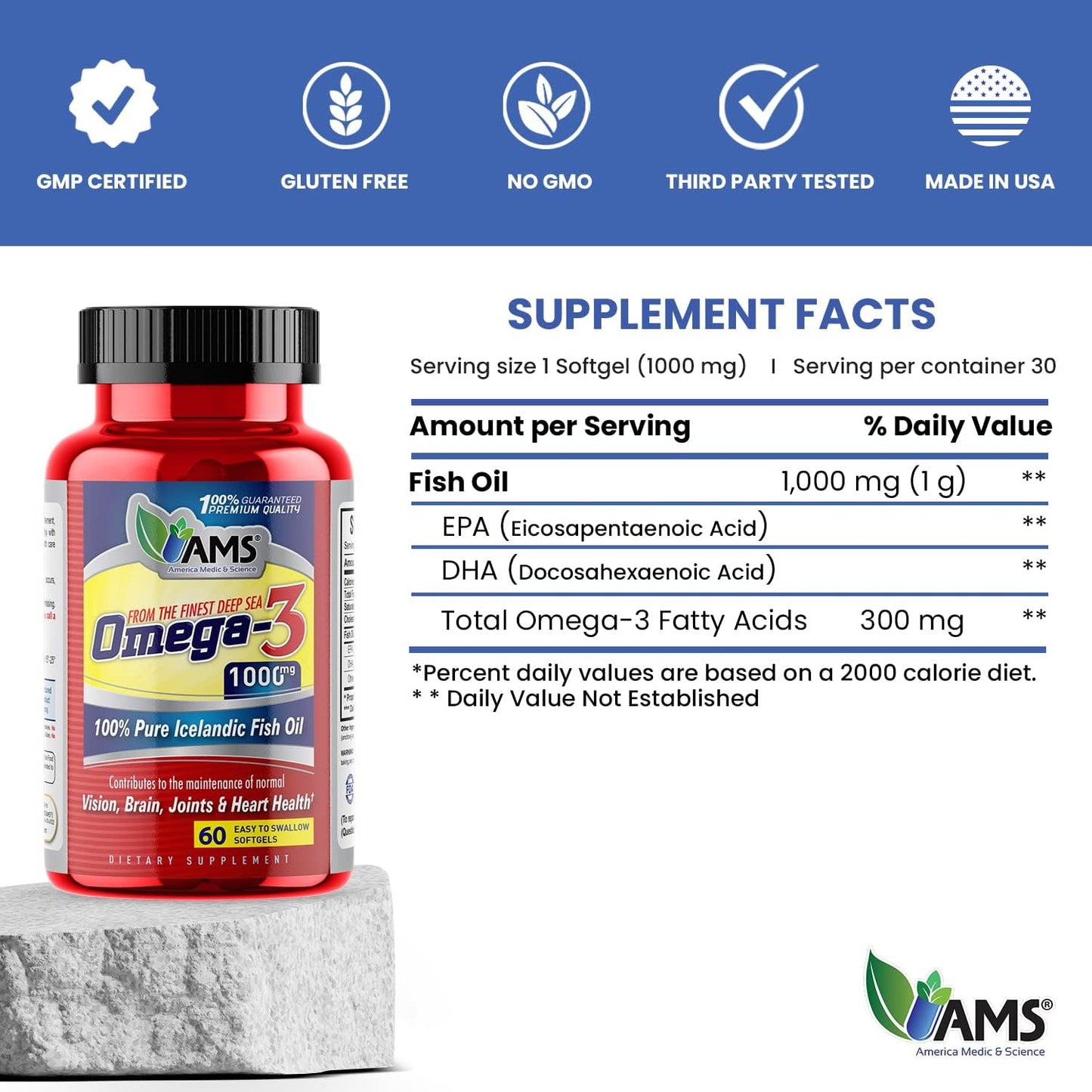 Omega-3 1000mg Dietary Supplement with EPA and DHA | Pure Icelandic Fish Oil Softgels for Vision, Brain, Joints, and Heart Health | Men and Women | America Medic & Science