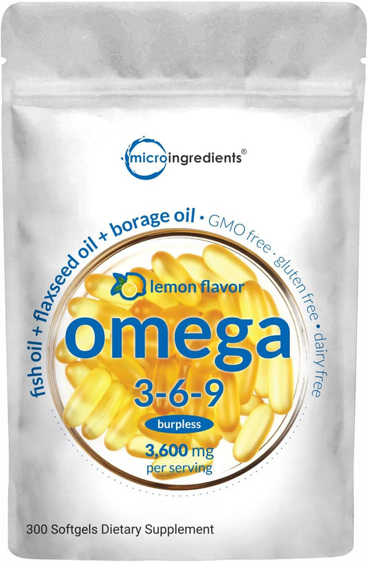 Omega 3-6-9 Blend Softgels 3600mg, 300 Count - Lemon Flavored Supplement with Fish, Flaxseed, Borage Oils - Non-GMO, Gluten-Free, Mercury-Free