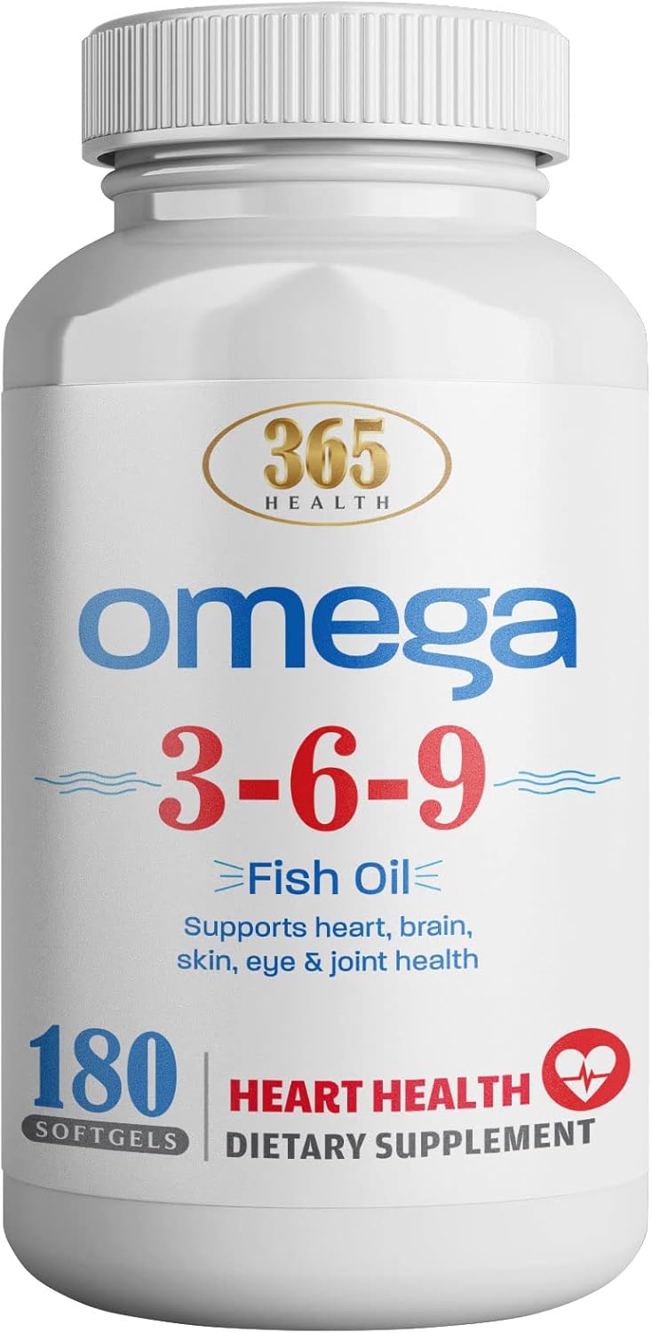 Omega 3-6-9 Softgels with Fish, Flaxseed, Borage Oils - 180 Count | Non-GMO & Gluten Free - HEALTH LIFE 365