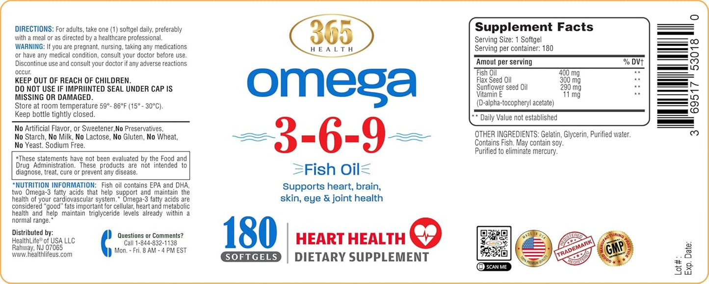 Omega 3-6-9 Softgels with Fish, Flaxseed, Borage Oils - 180 Count | Non-GMO & Gluten Free - HEALTH LIFE 365