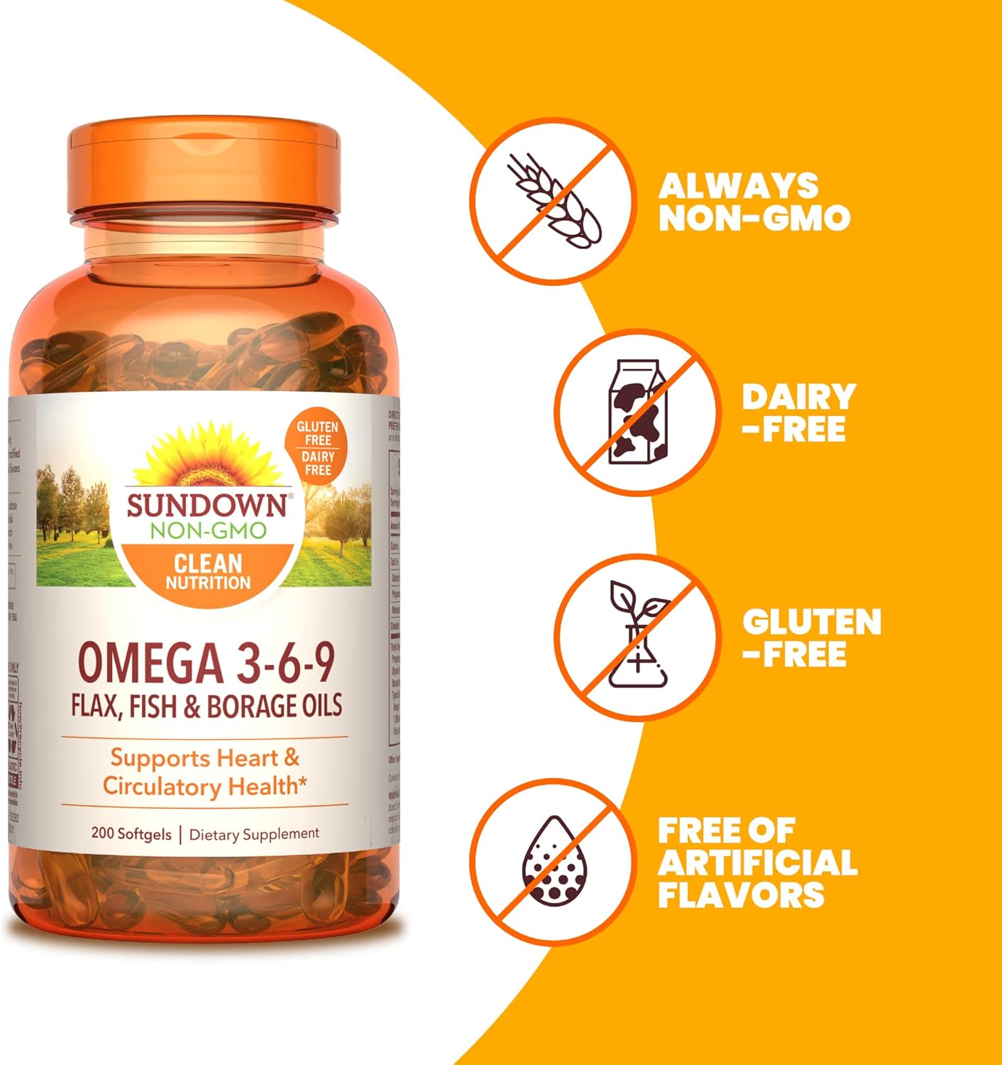 Omega 3 6 9 Softgels with Flax, Fish, and Borage Oils for Heart Health - 200 Count