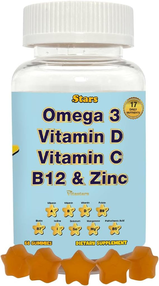 Omega 3 Adult Multivitamin Gummies with Selenium, Vitamins A, B, C, D, Biotin - 60 Chewable Gummies for Men and Women