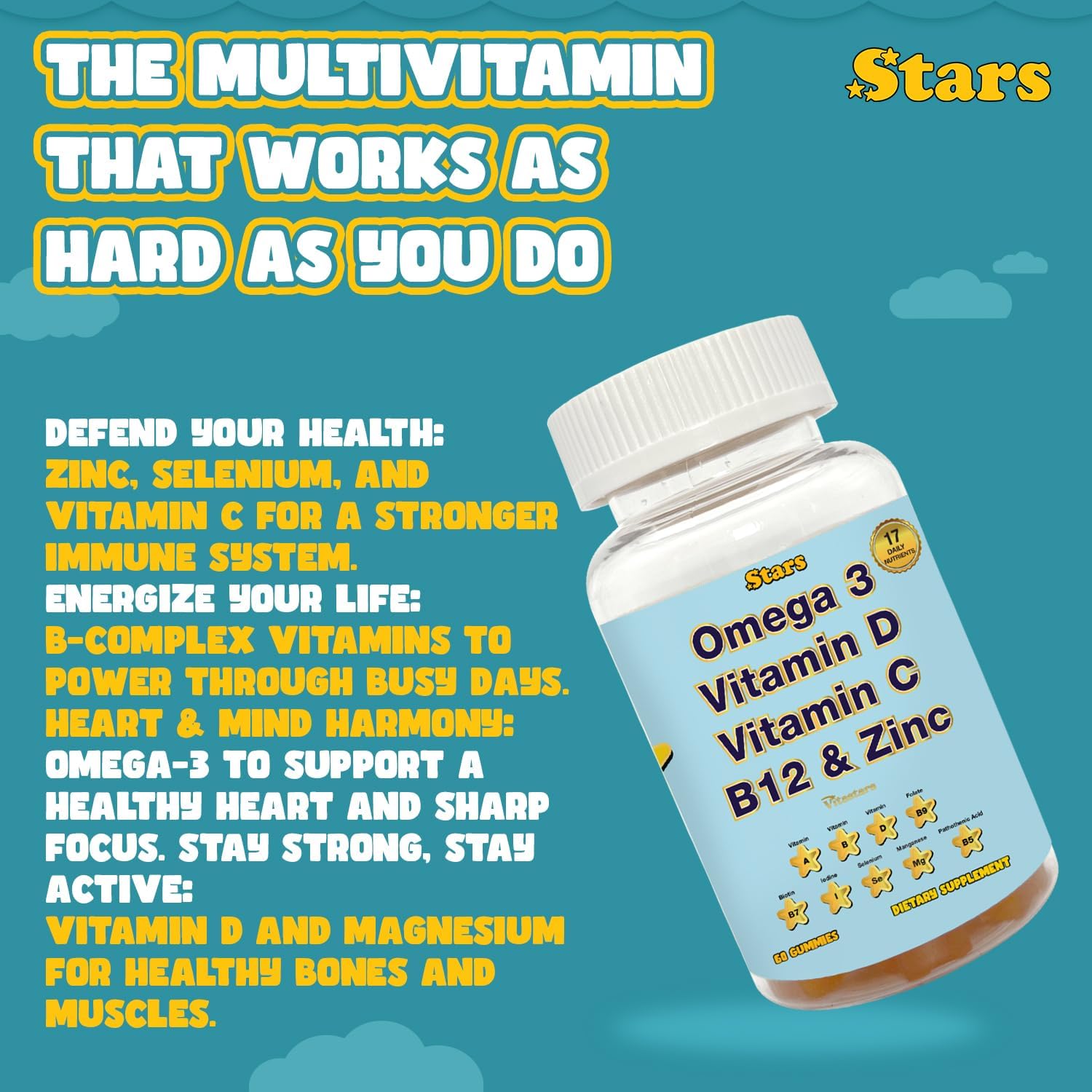 Omega 3 Adult Multivitamin Gummies with Selenium, Vitamins A, B, C, D, Biotin - 60 Chewable Gummies for Men and Women