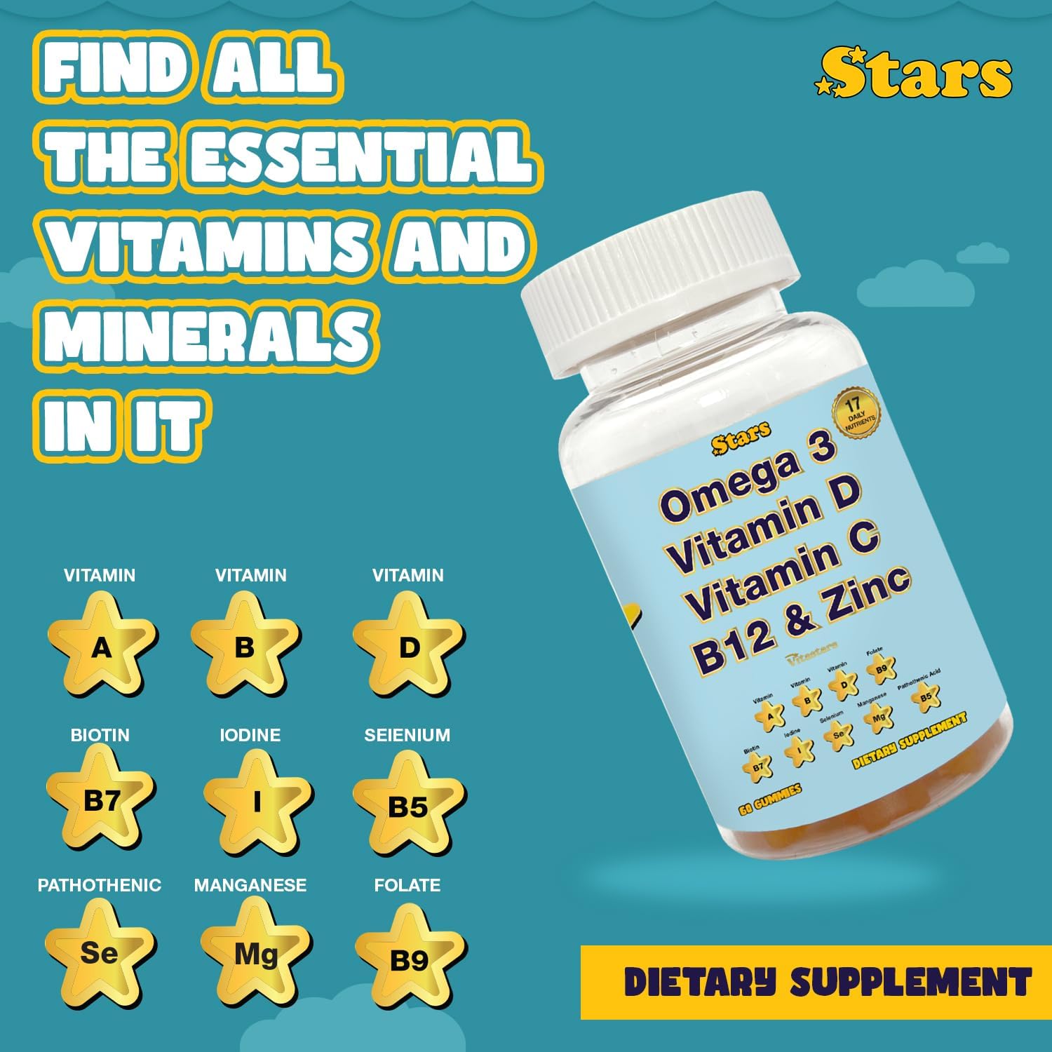 Omega 3 Adult Multivitamin Gummies with Selenium, Vitamins A, B, C, D, Biotin - 60 Chewable Gummies for Men and Women