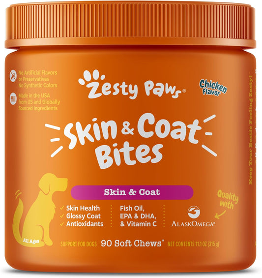 Omega 3 Alaskan Fish Oil Chew Treats for Dogs - AlaskOmega with EPA & DHA Fatty Acids - Hip & Joint Support + Skin & Coat - Chicken Flavor (90 Soft Chews)