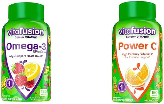 Omega-3 Berry Lemonade Gummies for Heart Health and Orange Vitamin C Gummies for Immune Support - 120 & 150 Count