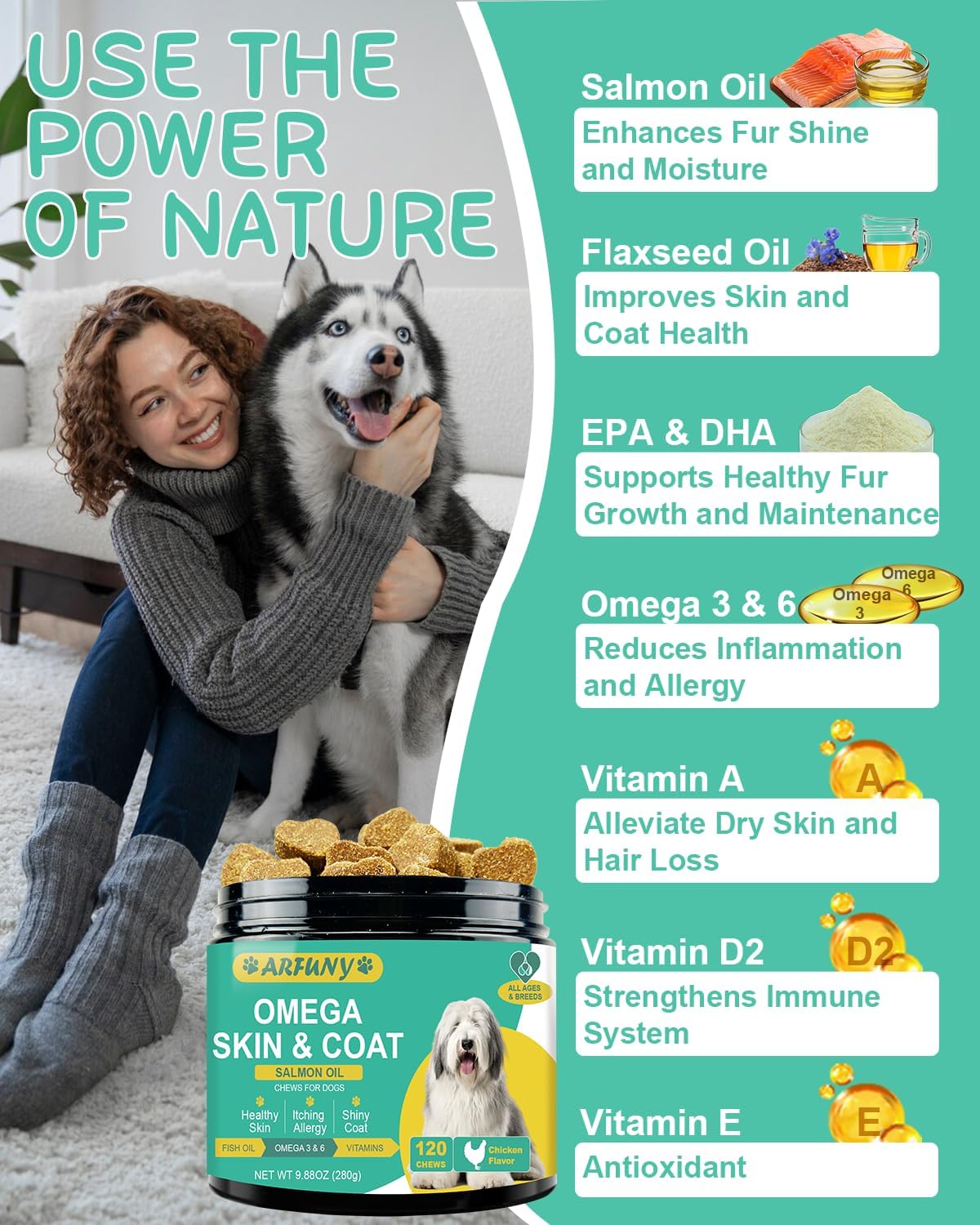 Omega 3 Dog Skin and Coat Supplement with EPA & DHA Fatty Acids - Itchy Skin Relief - Chicken Flavor, 120 Chews