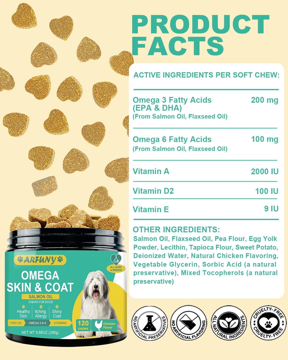Omega 3 Dog Skin and Coat Supplement with EPA & DHA Fatty Acids - Itchy Skin Relief - Chicken Flavor, 120 Chews