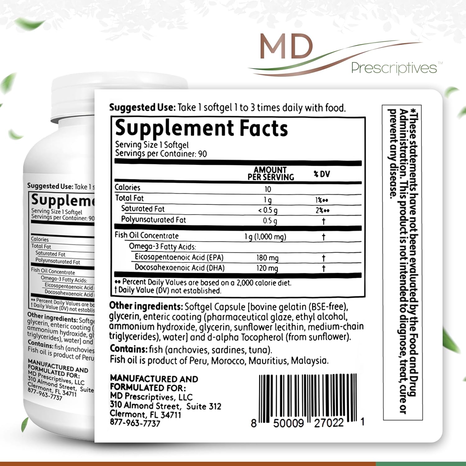 Omega 3 Enteric Coated Fish Oil Supplement - 90 Softgels for Daily Optimal Absorption by MD Prescriptives