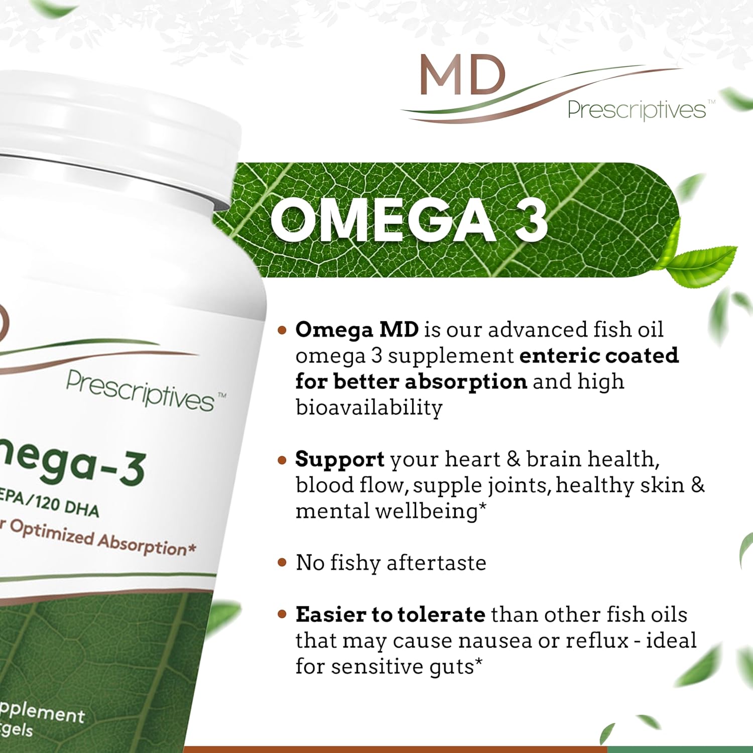 Omega 3 Enteric Coated Fish Oil Supplement - 90 Softgels for Daily Optimal Absorption by MD Prescriptives