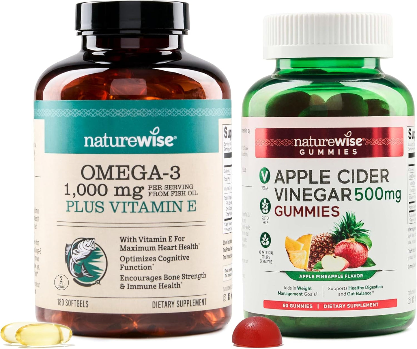 Omega-3 Fish Oil 1000mg with Apple Cider Vinegar Gummies Bundle - Heart, Eye, Digestive Health - Vegan Gummy, Gluten-Free, Non-GMO
