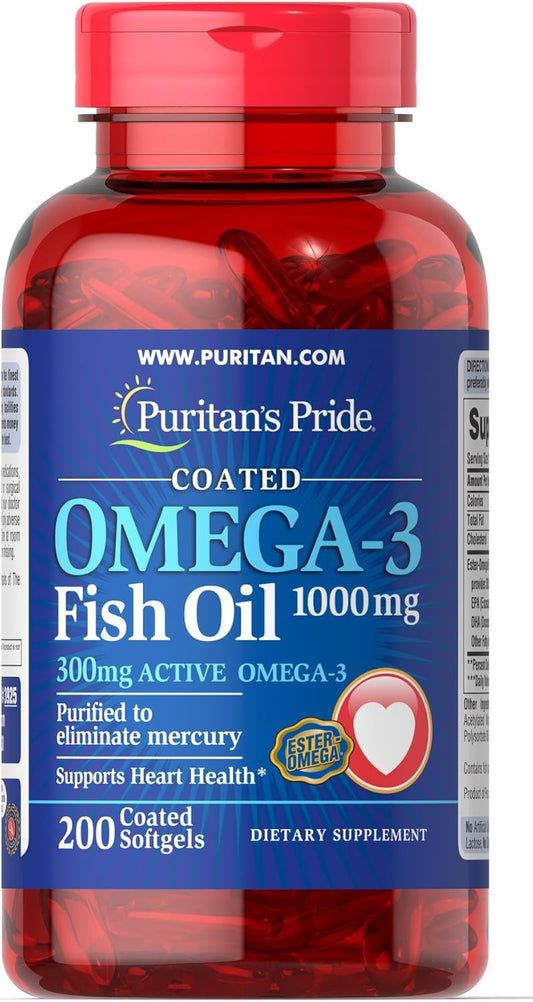 Omega-3 Fish Oil Coated Softgels - 1000 mg (300 mg Active Omega-3) - 200 Count by Puritan's Pride