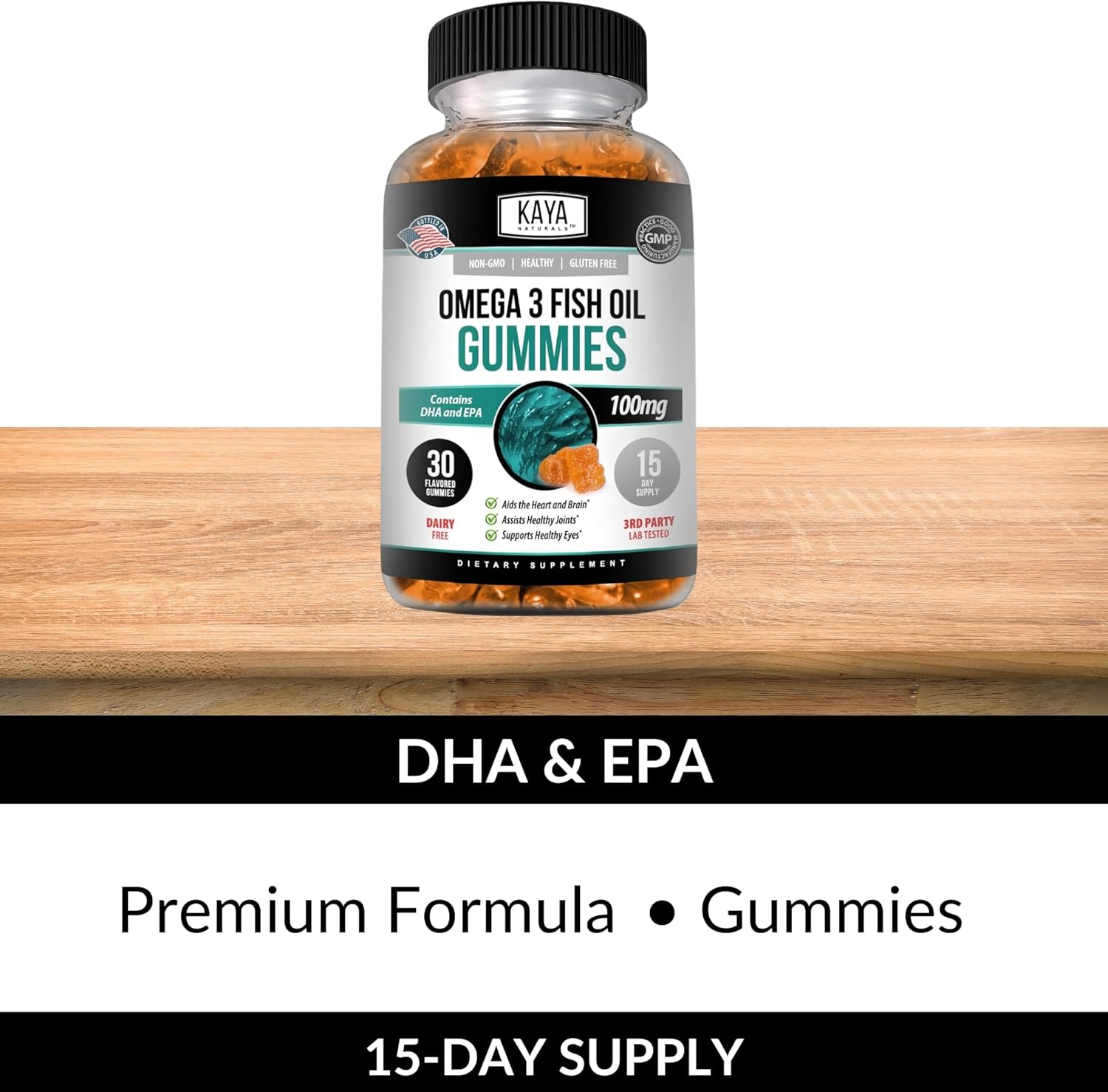 Omega 3 Fish Oil Gummies with EPA & DHA - Brain, Eye, Joint, Heart, Immune Support - Non-GMO - 30 Count