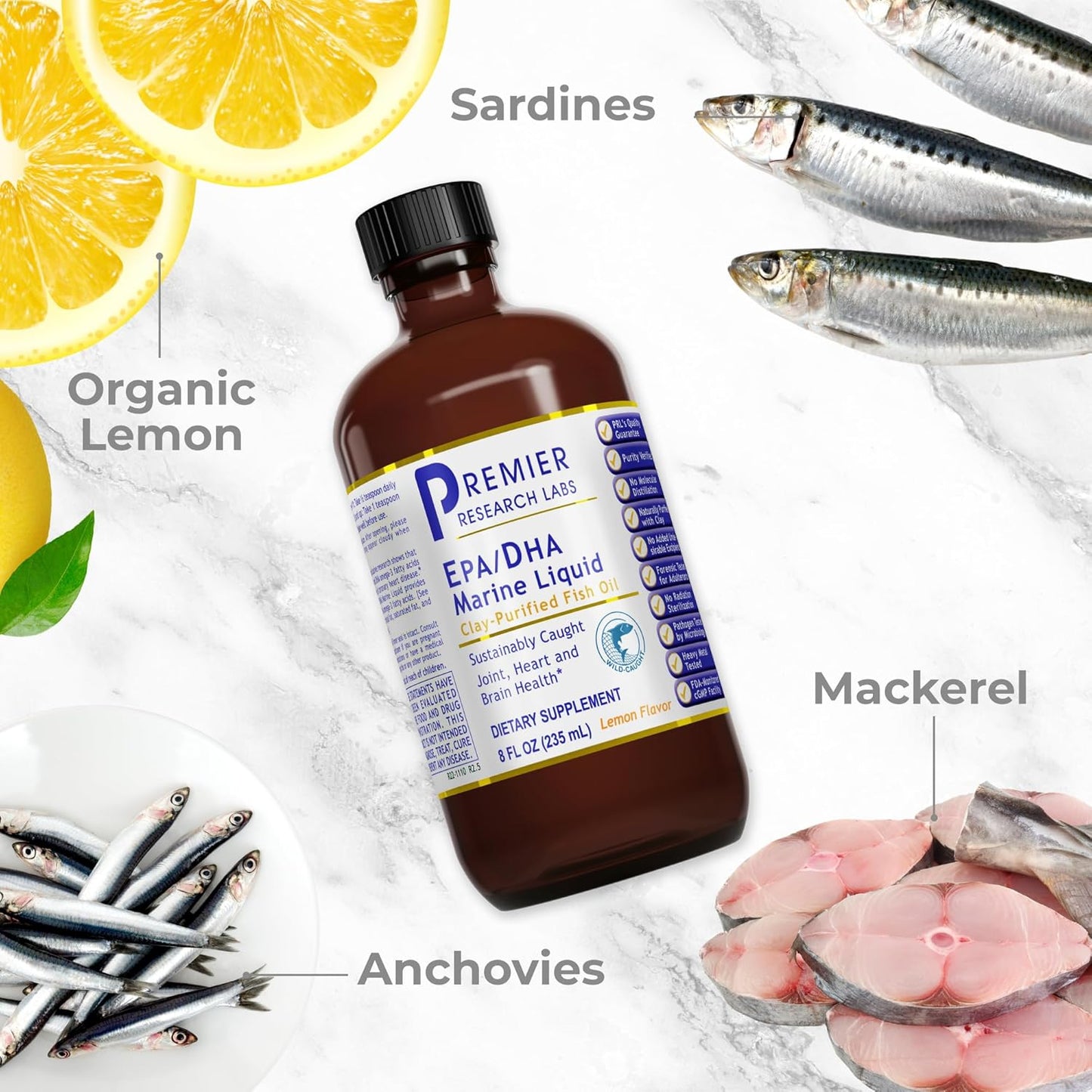 Omega 3 Fish Oil Liquid Supplement for Adults - Premier Research Labs EPA/DHA Marine Liquid - Supports Joint, Heart, & Brain Health - 8 Fl Oz Bottle