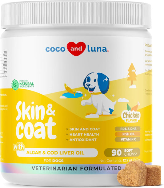 Omega 3 Fish Oil Soft Chews for Dogs - Skin & Coat Supplement with Cod Liver Oil, Algae, EPA & DHA Fatty Acids - Supports Shedding, Itch Relief, Allergies, Joints & Heart - 90 Chews