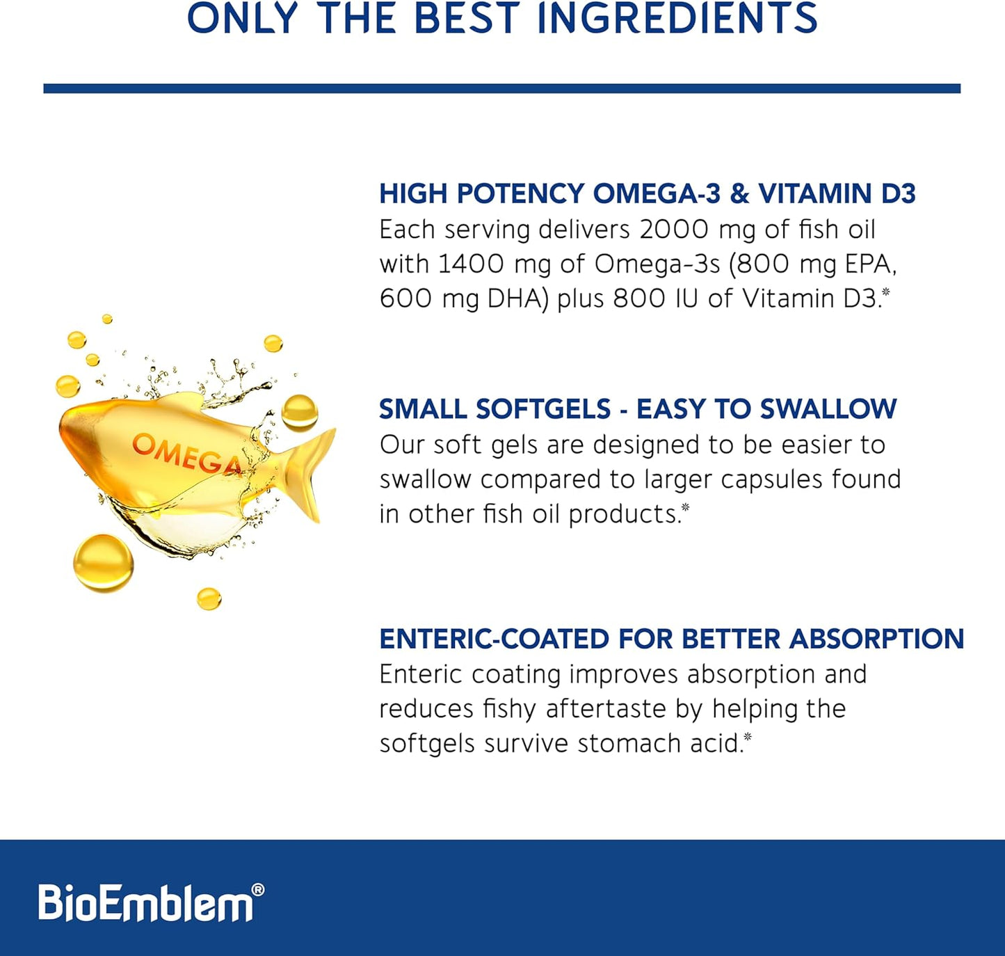 Omega-3 Fish Oil Softgels - 2000mg, High Absorption, Sustainable Source - 1400mg EPA & DHA with Vitamin D3 - Heart, Joint, & Brain Health - Non-GMO - 120 Ct