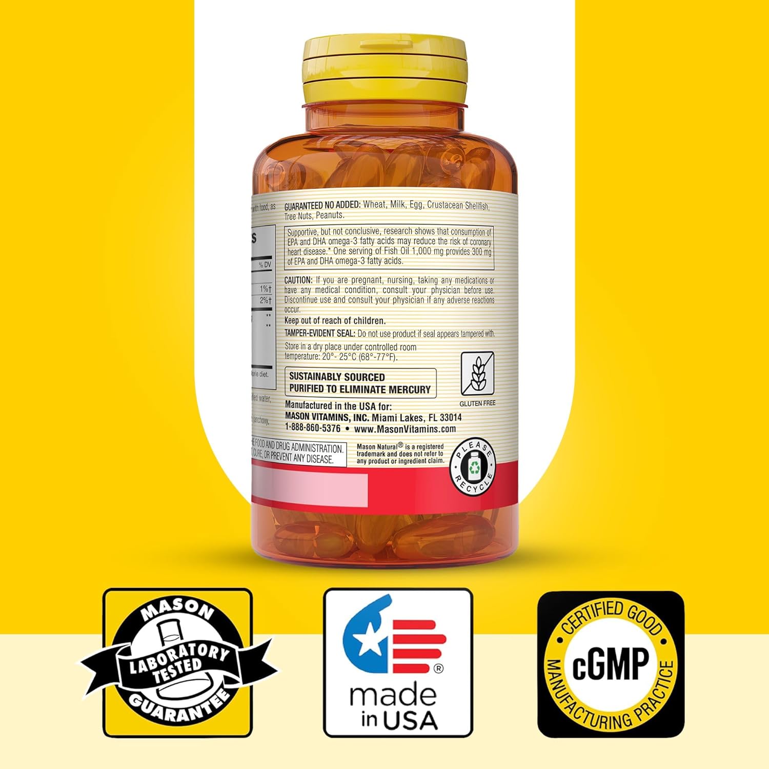 Omega 3 Fish Oil Softgels 1000mg, Bonus Size 200-Count Bottle - Supports Heart, Eye, Brain, and Joint Health