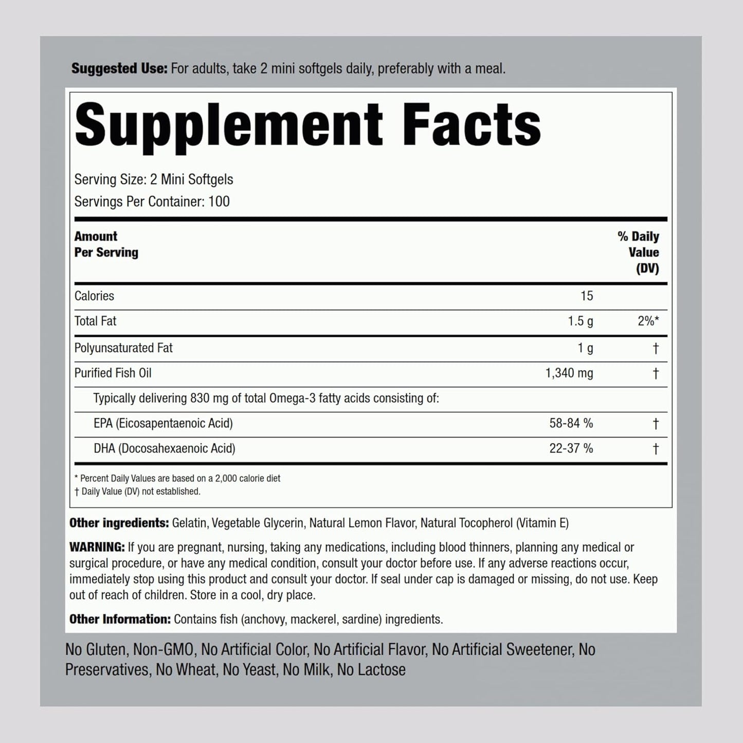 Omega-3 Fish Oil Softgels 1340mg | 200 Mini Lemon Flavored Pills | Non-GMO, Gluten Free Supplement