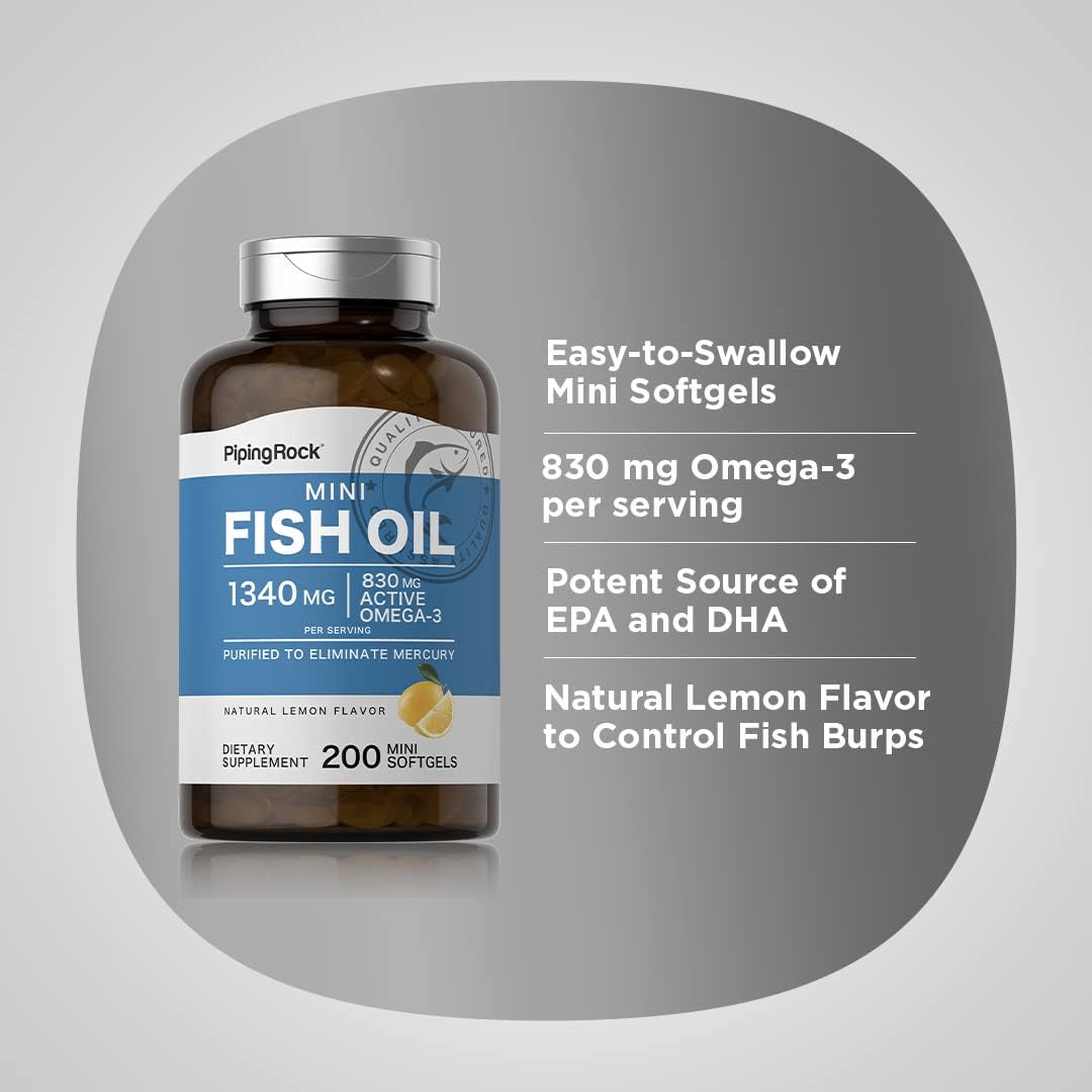 Omega-3 Fish Oil Softgels 1340mg | 200 Mini Lemon Flavored Pills | Non-GMO, Gluten Free Supplement