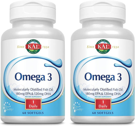 Omega 3 Fish Oil Supplement, 1000 mg, 60 Count x 2 Packs - KAL 180/120 Formula