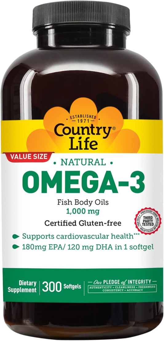 Omega-3 Fish Oil Supplement 1000mg, Lemon Flavor, 300 Softgels, Gluten Free, EPA 180mg & DHA 120mg