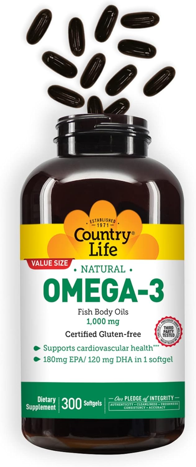 Omega-3 Fish Oil Supplement 1000mg, Lemon Flavor, 300 Softgels, Gluten Free, EPA 180mg & DHA 120mg