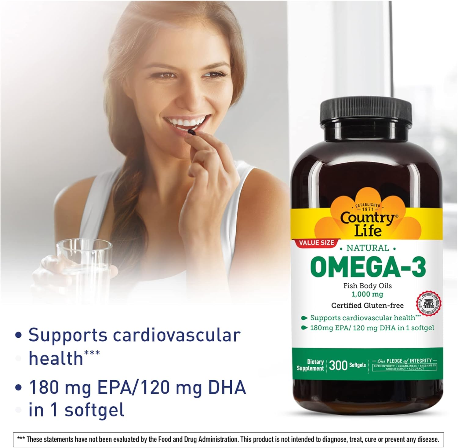 Omega-3 Fish Oil Supplement 1000mg, Lemon Flavor, 300 Softgels, Gluten Free, EPA 180mg & DHA 120mg