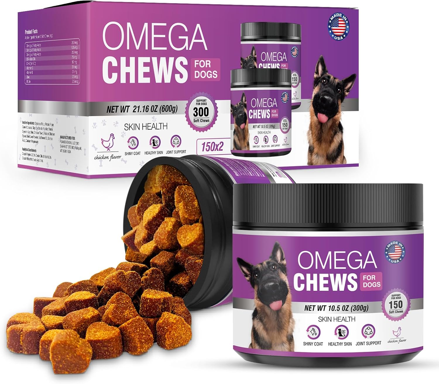 Omega 3 Fish Oil Supplement Chews for Dogs | Skin, Coat, and Allergy Care | 300 Pieces Omega-3 Fatty Acids for Pet Hair Growth and Dry Skin Relief
