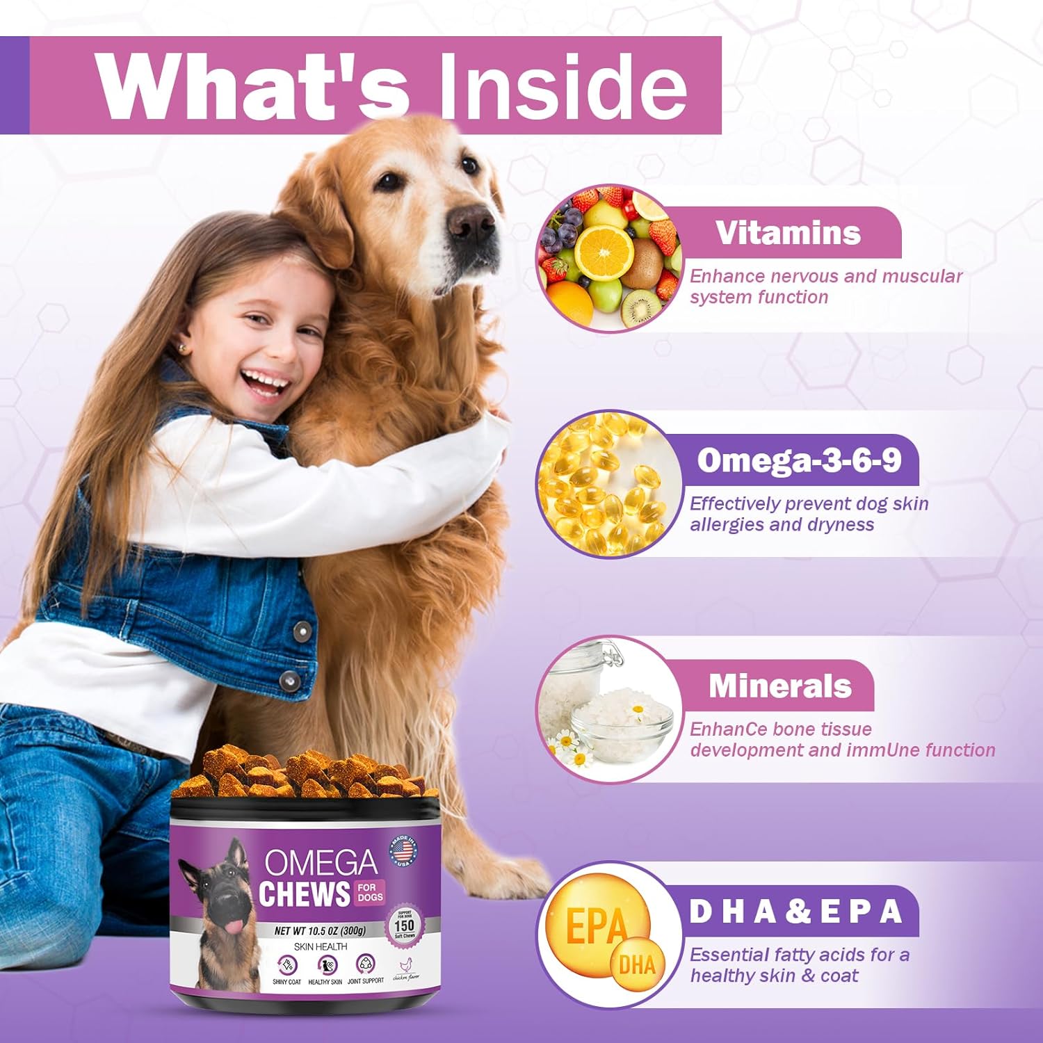 Omega 3 Fish Oil Supplement Chews for Dogs | Skin, Coat, and Allergy Care | 300 Pieces Omega-3 Fatty Acids for Pet Hair Growth and Dry Skin Relief