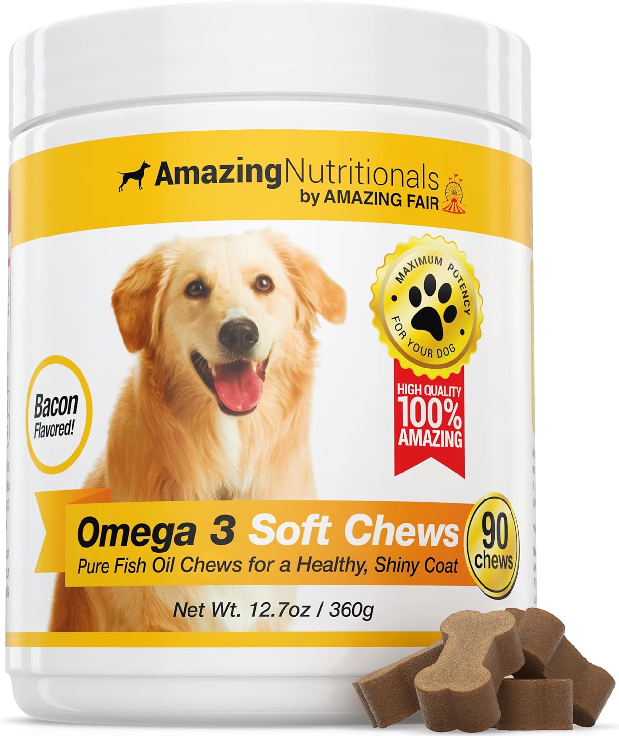 Omega 3 Fish Oil Supplement for Dogs - Bacon Soft Chews for Itchy Skin Relief, Dry Skin, Hot Spots & Shedding Coat - EPA & DHA Fatty Acids - 90 Chews