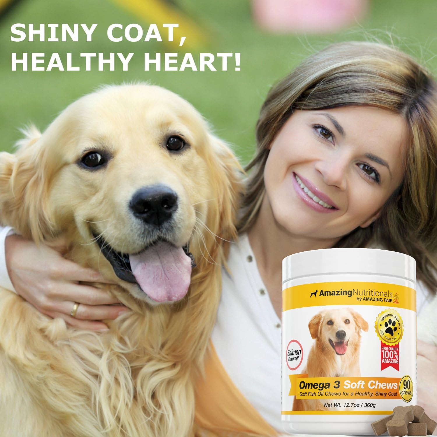 Omega 3 Fish Oil Supplement for Dogs - Itchy Skin Relief & Coat Health - 90 Salmon Soft Chews with EPA and DHA Fatty Acids by Amazing Nutritionals