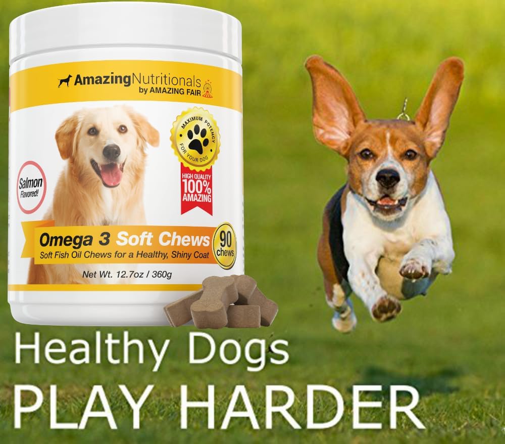 Omega 3 Fish Oil Supplement for Dogs - Itchy Skin Relief & Coat Health - 90 Salmon Soft Chews with EPA and DHA Fatty Acids by Amazing Nutritionals