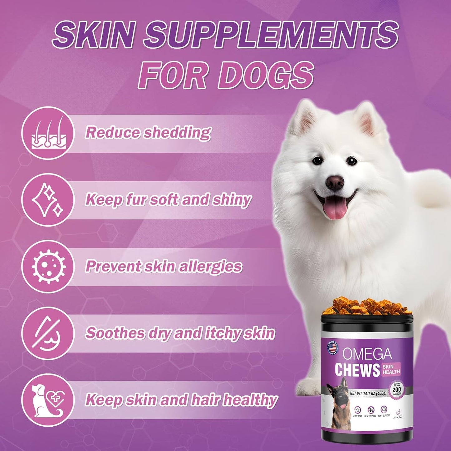 Omega 3 Fish Oil Supplement for Dogs - Skin & Coat Health, Allergy Relief, Shedding Reduction - EPA & DHA Fatty Acids - Salmon Oil - 200 Ct