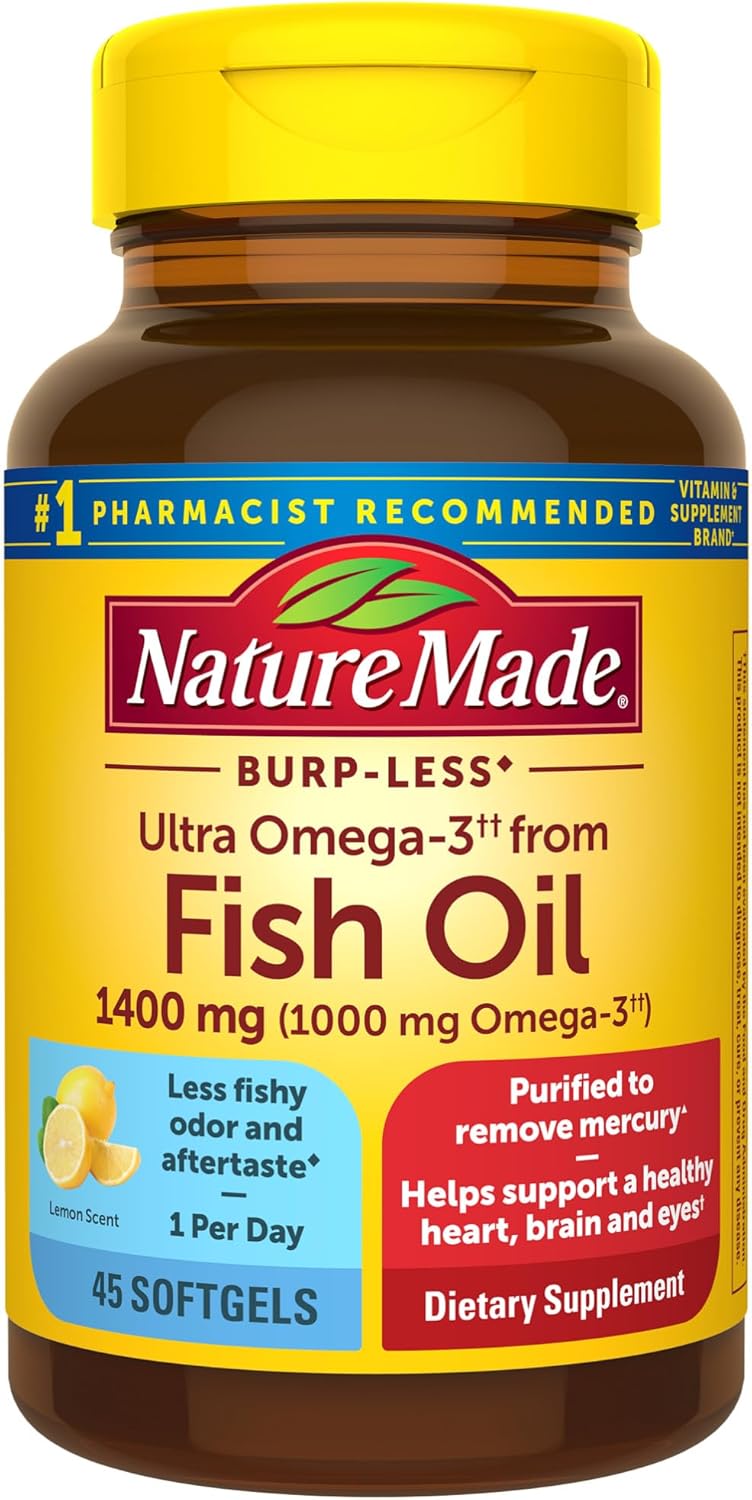 Omega 3 Fish Oil Supplement for Heart, Brain, and Eye Health - 1400 mg, 45 Softgels, Burp Less Formula