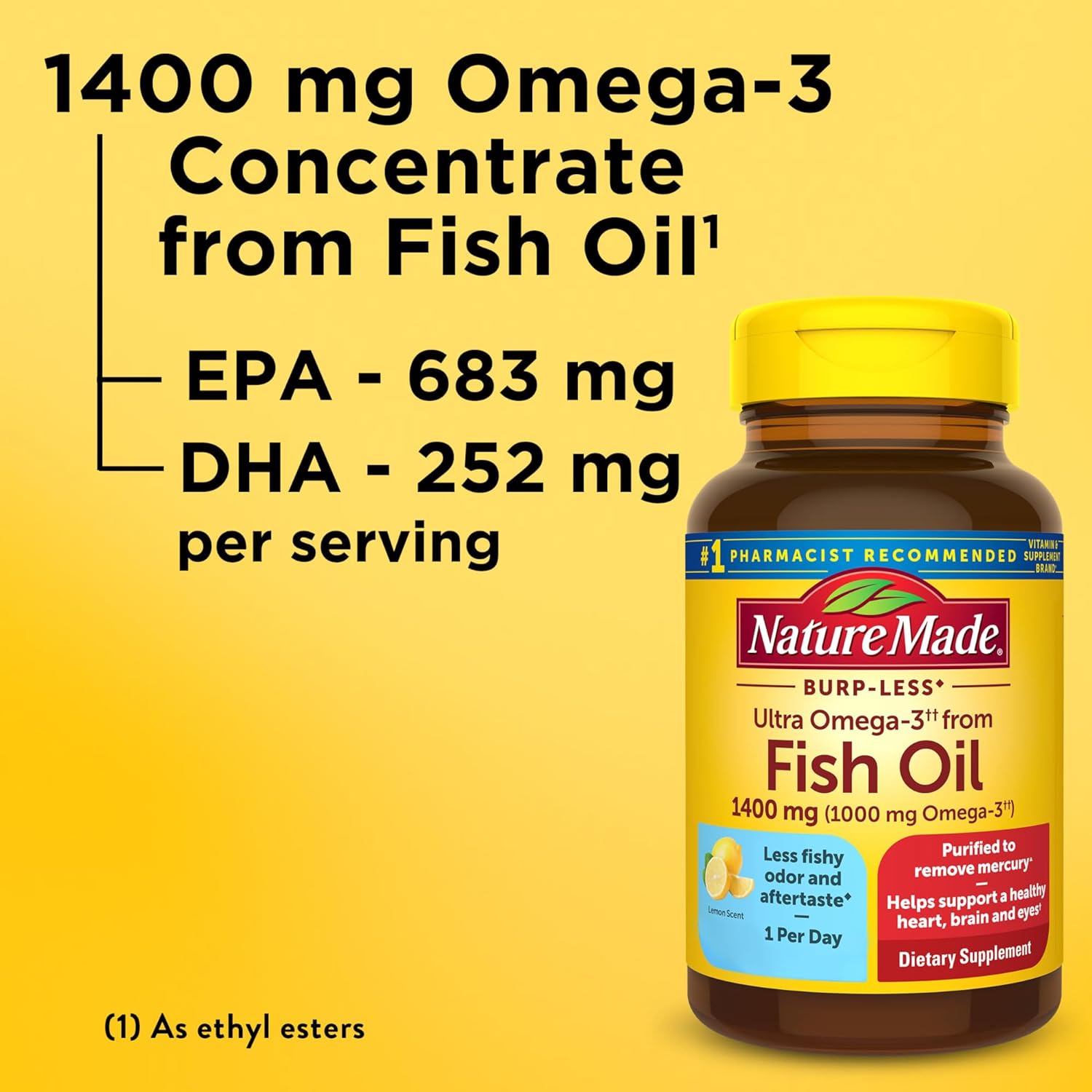 Omega 3 Fish Oil Supplement for Heart, Brain, and Eye Health - 1400 mg, 45 Softgels, Burp Less Formula