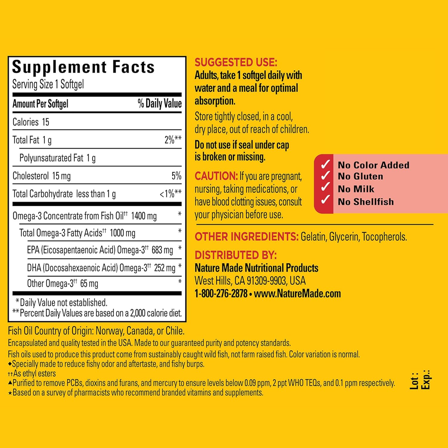 Omega 3 Fish Oil Supplement for Heart, Brain, and Eye Health - 1400 mg, 45 Softgels, Burp Less Formula