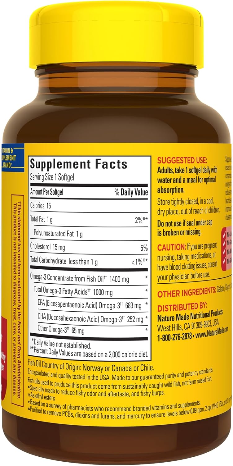 Omega 3 Fish Oil Supplement for Heart, Brain, and Eye Health - 1400 mg, 45 Softgels, Burp Less Formula
