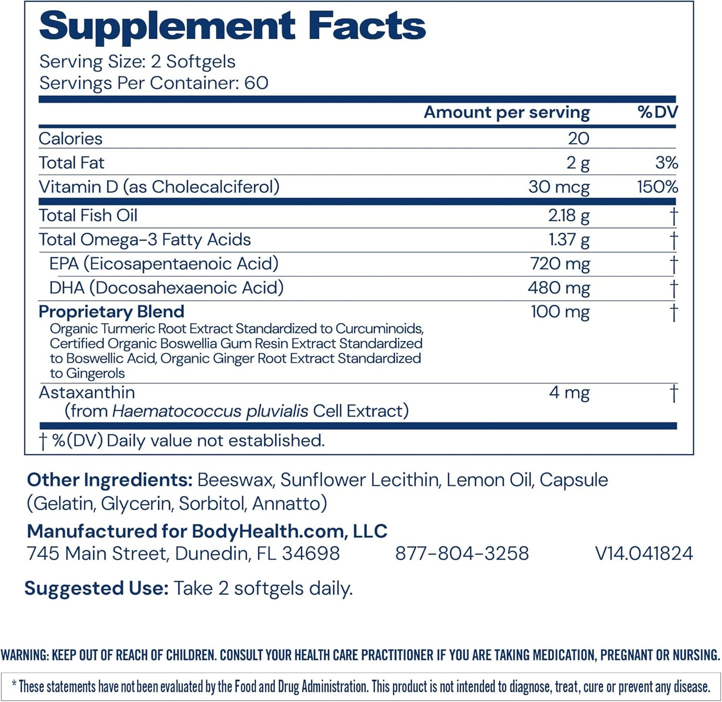 Omega 3 Fish Oil Supplement for Heart & Brain Health - 120 Soft Gels for Men & Women, Fatty Acid Vitamins