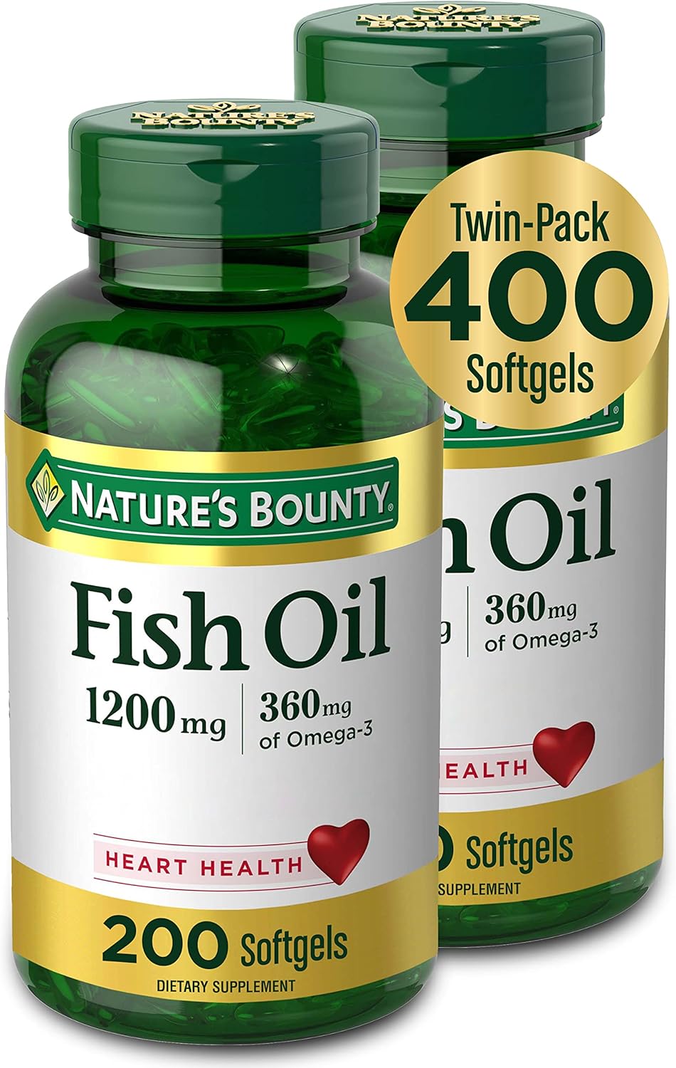 Omega-3 Fish Oil Supplement for Heart Health, 1200mg, 200 Softgels - Pack of 2 by Nature's Bounty