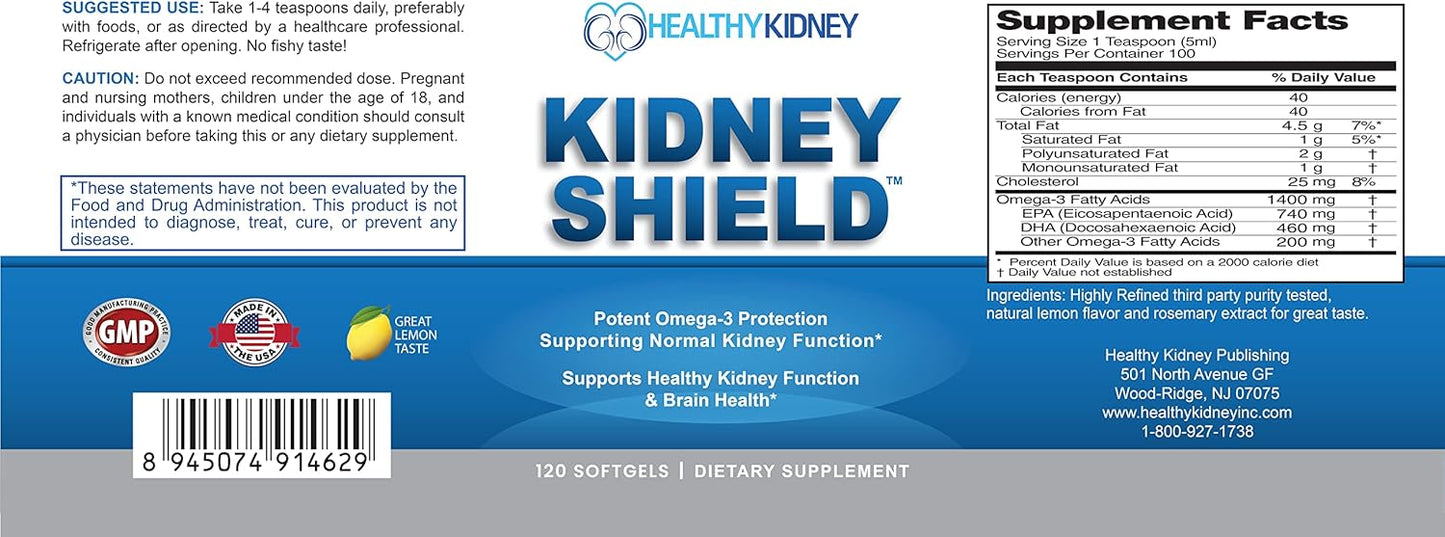 Omega 3 Fish Oil Supplements for Kidney Health - Kidney Restore Shield for Men & Women - Supports Normal Kidney Function & Cleanses - 120 Lemon Softgels