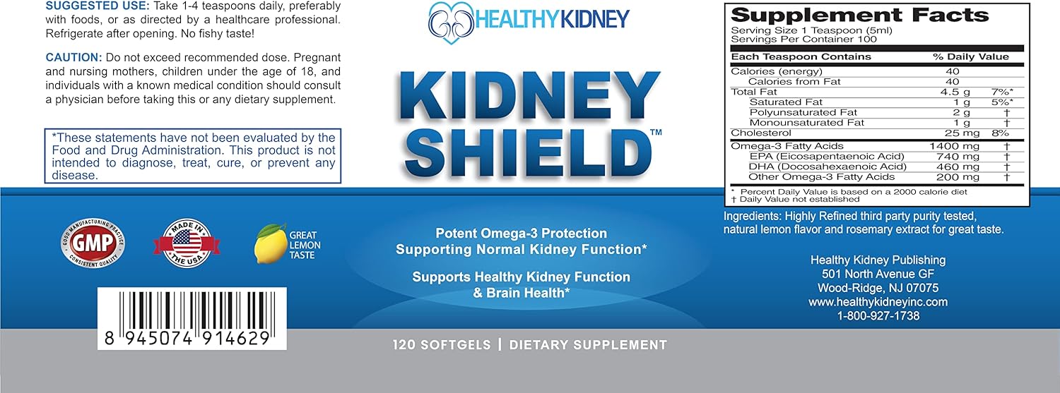 Omega 3 Fish Oil Supplements for Kidney Health - Kidney Restore Shield for Men & Women - Supports Normal Kidney Function & Cleanses - 120 Lemon Softgels