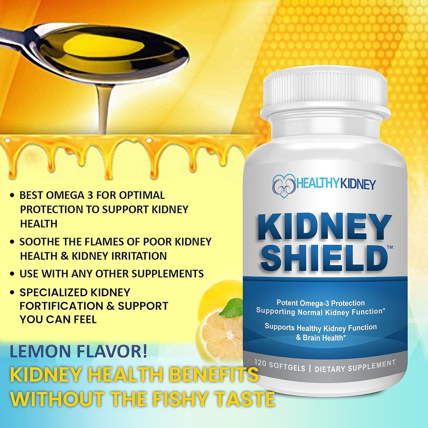 Omega 3 Fish Oil Supplements for Kidney Health - Kidney Restore Shield for Men & Women - Supports Normal Kidney Function & Cleanses - 120 Lemon Softgels