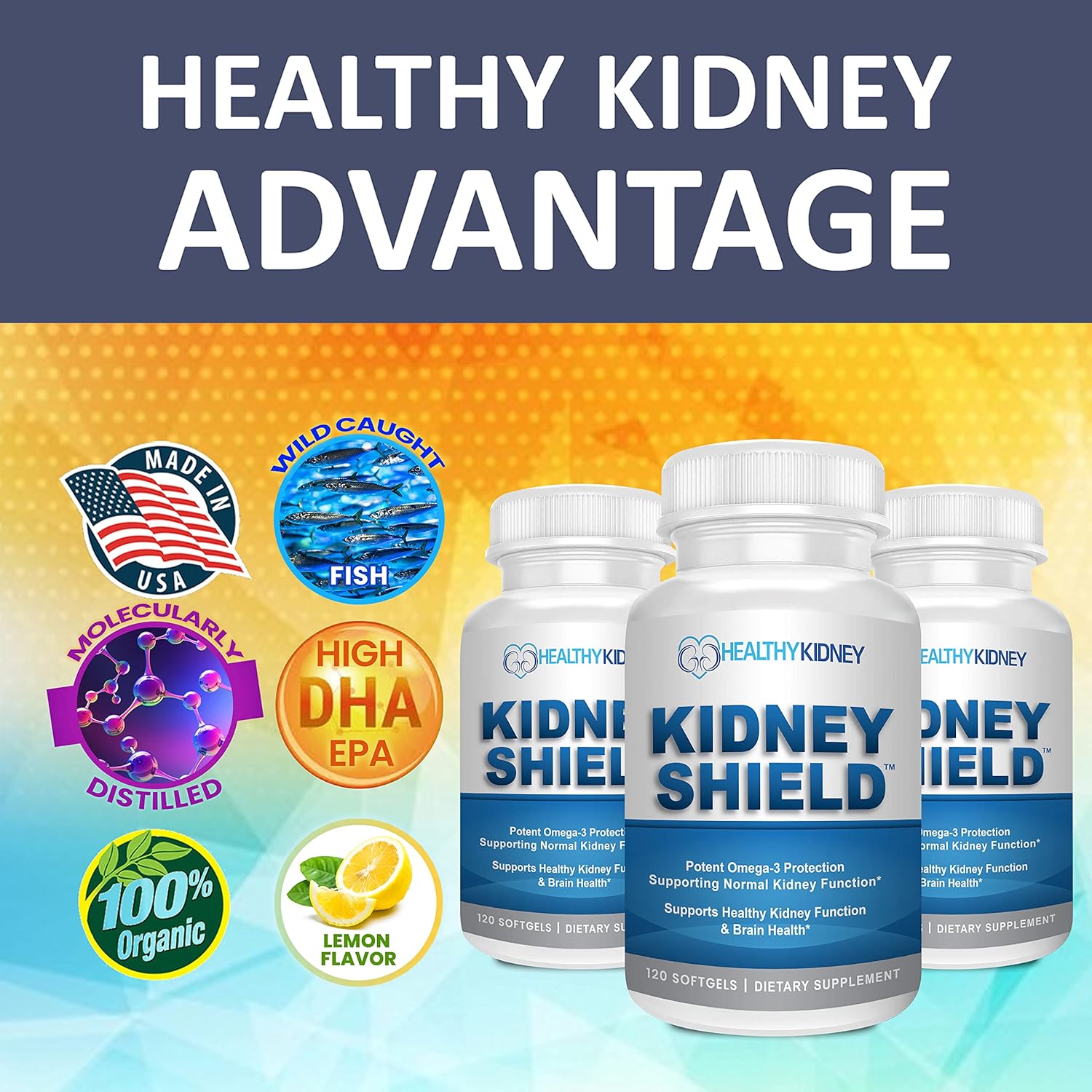 Omega 3 Fish Oil Supplements for Kidney Health - Kidney Restore Shield for Men & Women - Supports Normal Kidney Function & Cleanses - 120 Lemon Softgels