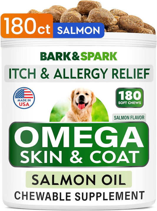 Omega 3 Fish Oil Treats for Dogs - 180 Soft Chews for Shedding, Allergies, Itch Relief, Hot Spots - Joint & Skin Health - EPA & DHA Fatty Acids - Salmon Oil Supplement