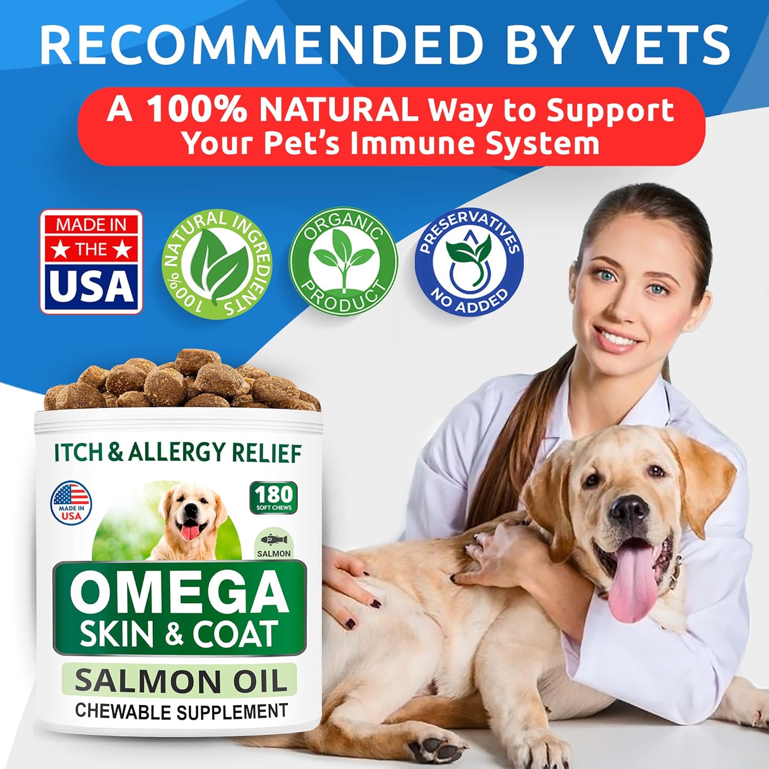 Omega 3 Fish Oil Treats for Dogs - 180 Soft Chews for Shedding, Allergies, Itch Relief, Hot Spots - Joint & Skin Health - EPA & DHA Fatty Acids - Salmon Oil Supplement