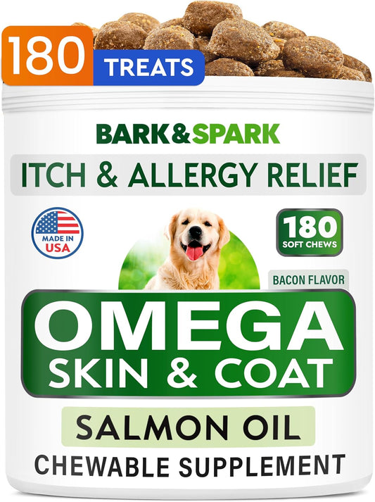 Omega 3 Fish Oil Treats for Dogs and Cats - Shedding, Allergy Relief, Hot Spots, Joint Health - Skin & Coat Supplement - EPA & DHA Fatty Acids - Salmon & Bacon Flavor