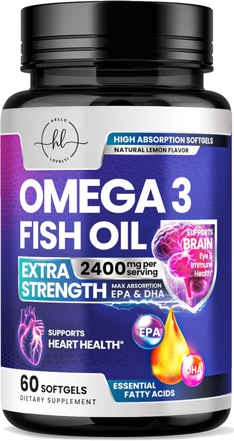 Omega 3 Fish Oil Triple Strength Softgels 2400 mg for Heart, Brain & Joint Support - Natural Omega-3 Supplement with EPA & DHA - 60 Rapid Release Softgels