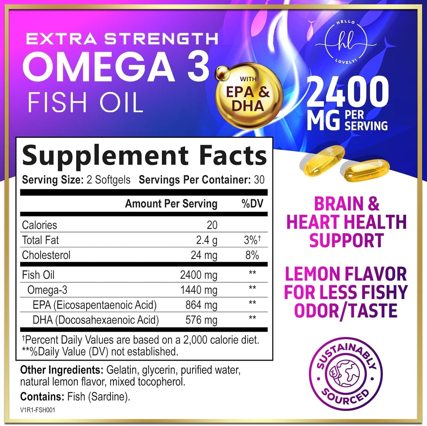 Omega 3 Fish Oil Triple Strength Softgels 2400 mg for Heart, Brain & Joint Support - Natural Omega-3 Supplement with EPA & DHA - 60 Rapid Release Softgels