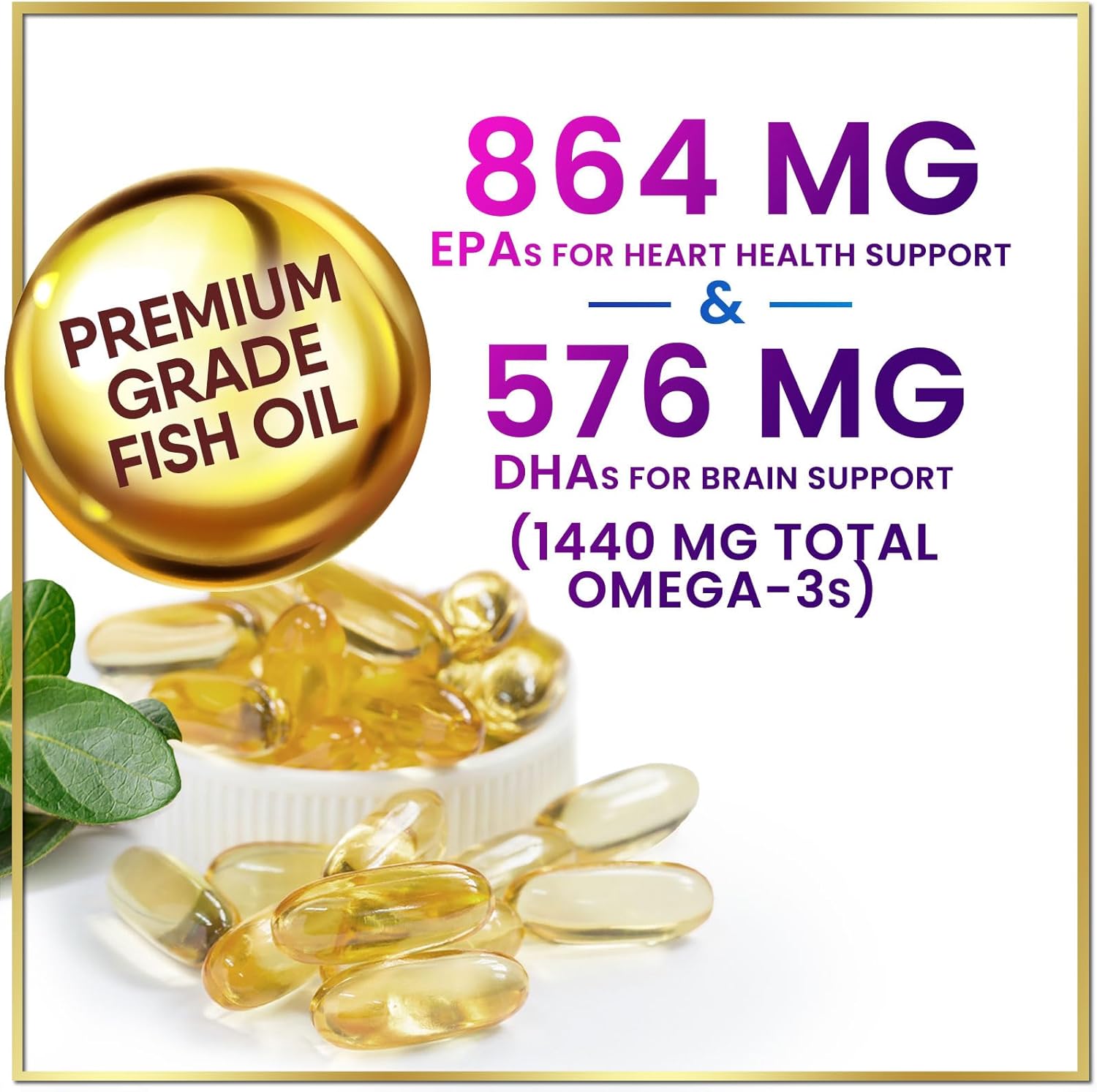 Omega 3 Fish Oil Triple Strength Softgels 2400 mg for Heart, Brain & Joint Support - Natural Omega-3 Supplement with EPA & DHA - 60 Rapid Release Softgels